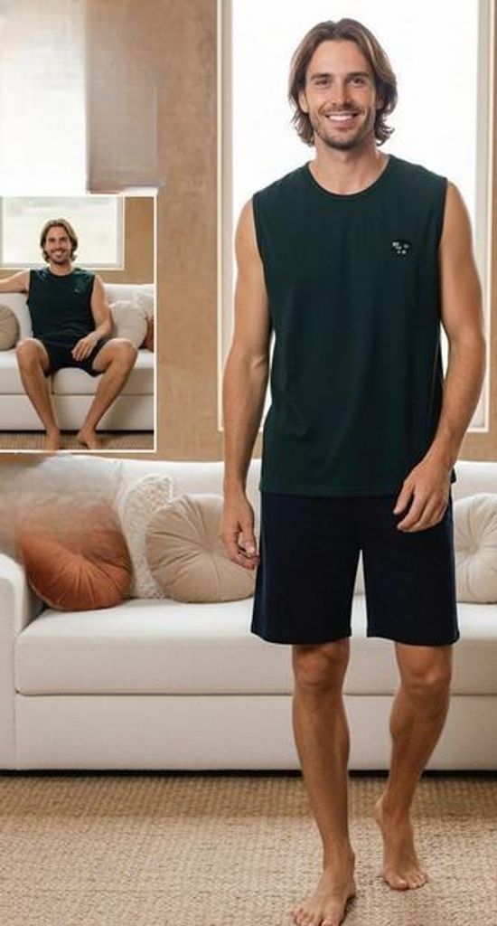 Herren Pyjama Bermuda Shorty Grün XXL Kurz Baumwolle Produktbild 