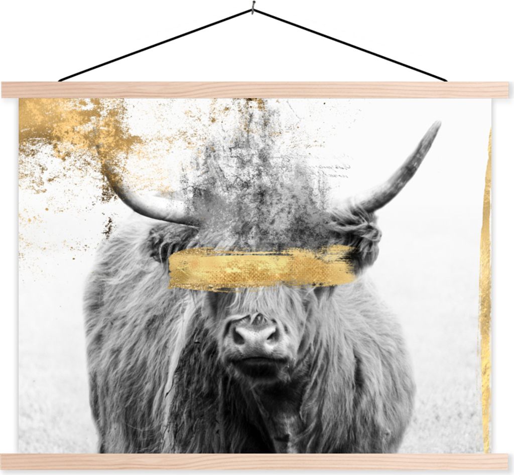 MuchoWow Textilposter Schottisches Hochlandrind - Gold - Schwarz - Weiß 60x45 cm mit holzfarbenen Rahmen - Bild