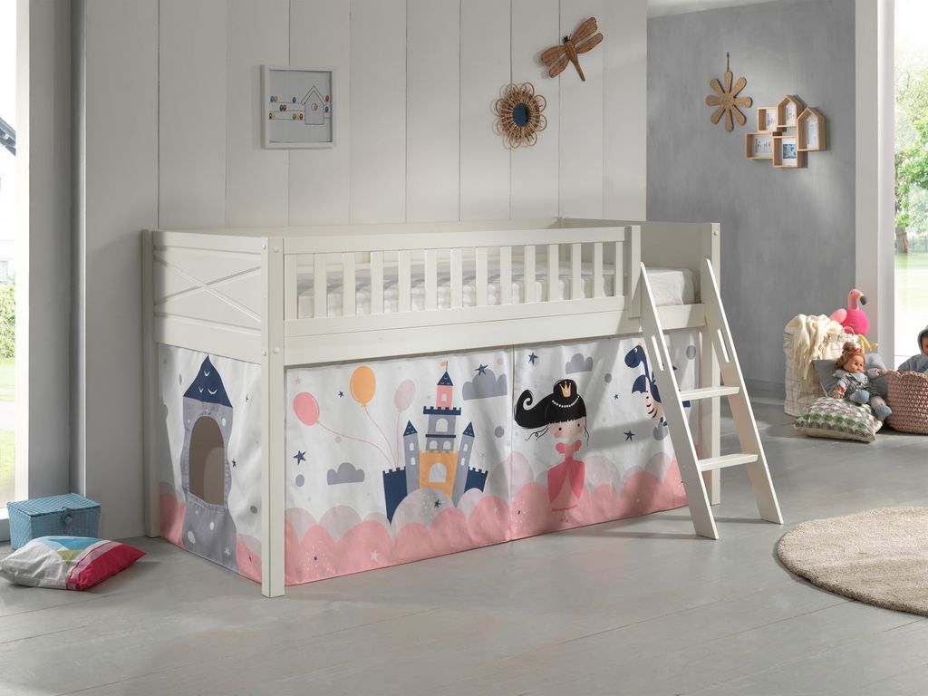 VIPACK - Spielbett SCOTT, LF 90 x 200 cm, mit Rolllattenrost, Leiter und Textilset "Princess Sophie", weiß lackiert
