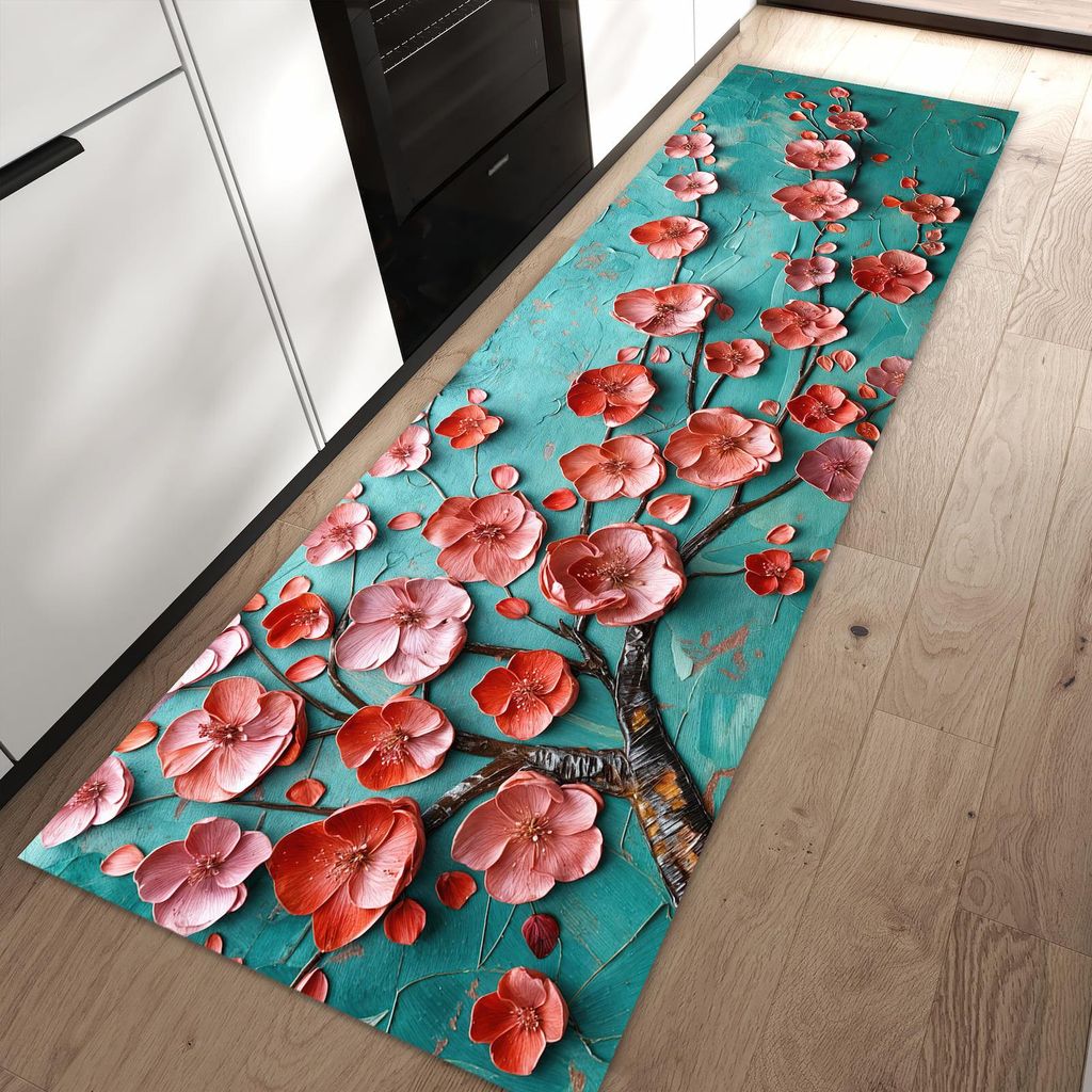 Küchenteppich 80x250cm rutschfest & abwischbar PVC Läufer - Blütenbaum Kunst