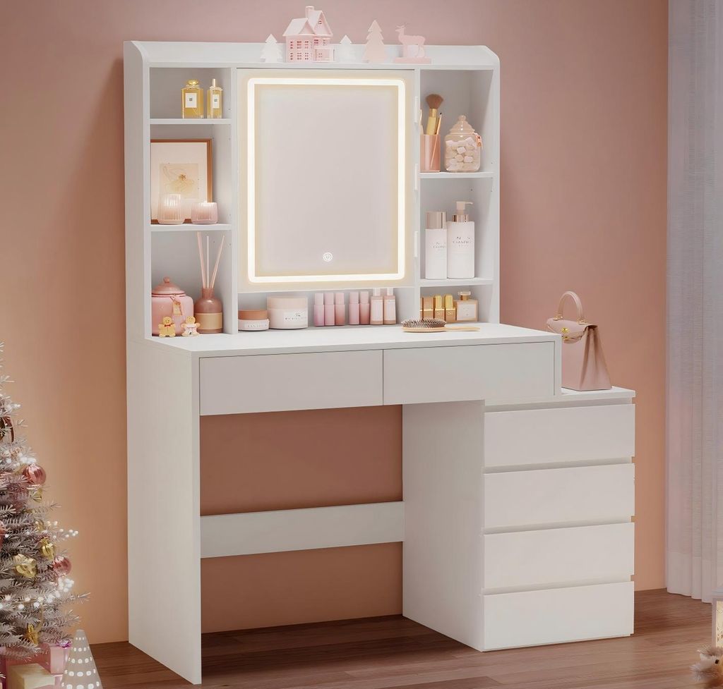 VASAGLE Schminktisch mit LED-Beleuchtung, einstellbare Helligkeit, mit 6 Schubladen ohne Hocker