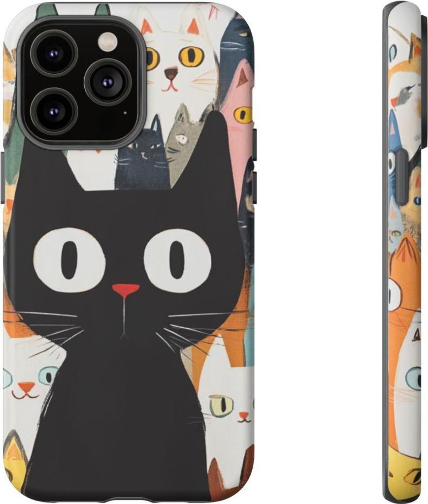 Große schwarze Cartoon-Katze und bunte Katzen – Hülle Kompatibel mit iPhone 14 Pro Max