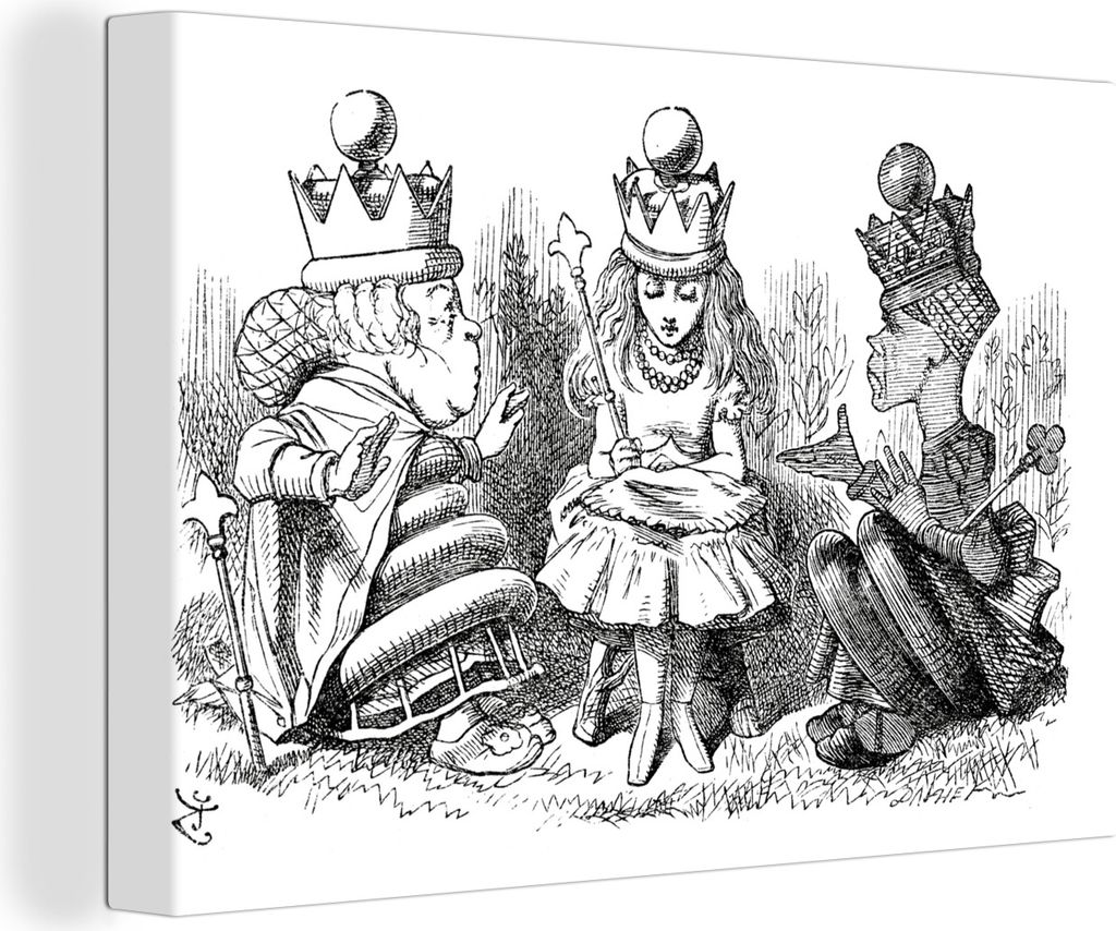 OneMillionCanvasses - Leinwandbilder - 140x90 cm, Vintage-Illustration Alice im Gespräch mit den Königinnen - schwarz und weiß, Wandbilder Kun...