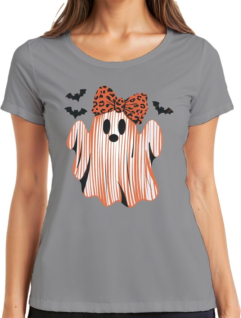 Halloween Geist Süßer Leopardenschleife Kinder Mädchen Gestreift Damen T-Shirt, Grau, S