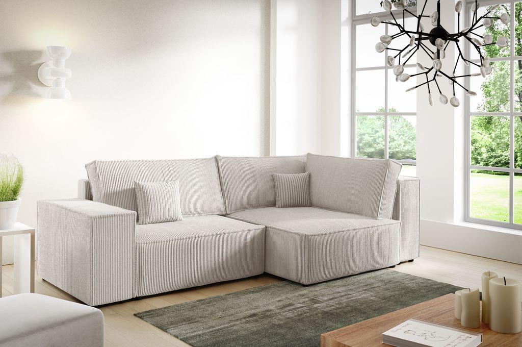 Ecksofa 3 Sitzer MINI POSSO LB von ANTONIO in L-Form mit Schlaffunktion und Bettkästen in Beige Cordbezug, Schenkel Ottomane rechts oder links