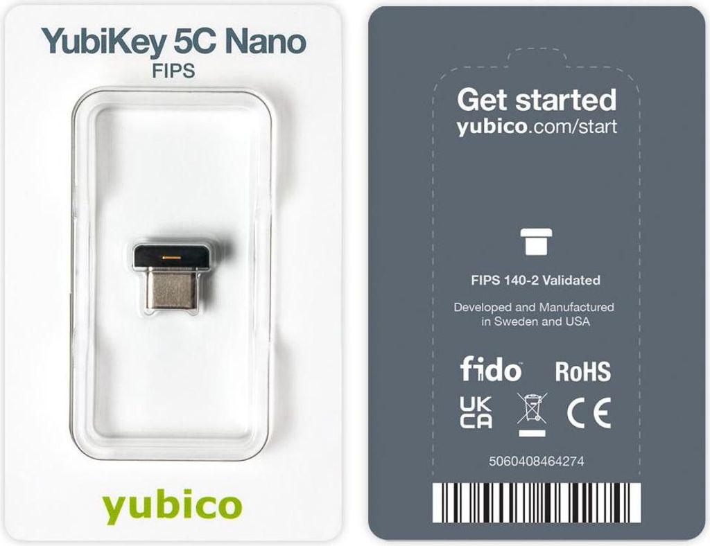 Yubico YubiKey 5C Nano FIPS, Windows, macOS, Chrome OS, Linux, Schwarz, 2048-bit RSA, FIPS 140-2, Google account, Microsoft account, Salesforce.com...