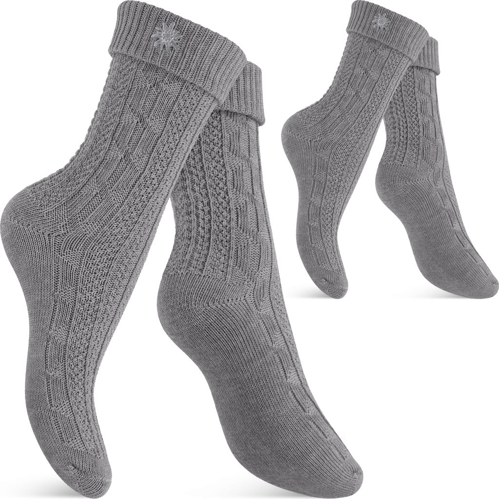 Celodoro Damen und Herren Trachten Socken (2 Paar) mit Edelweiß-Pin Strümpfe - Grau 35-38