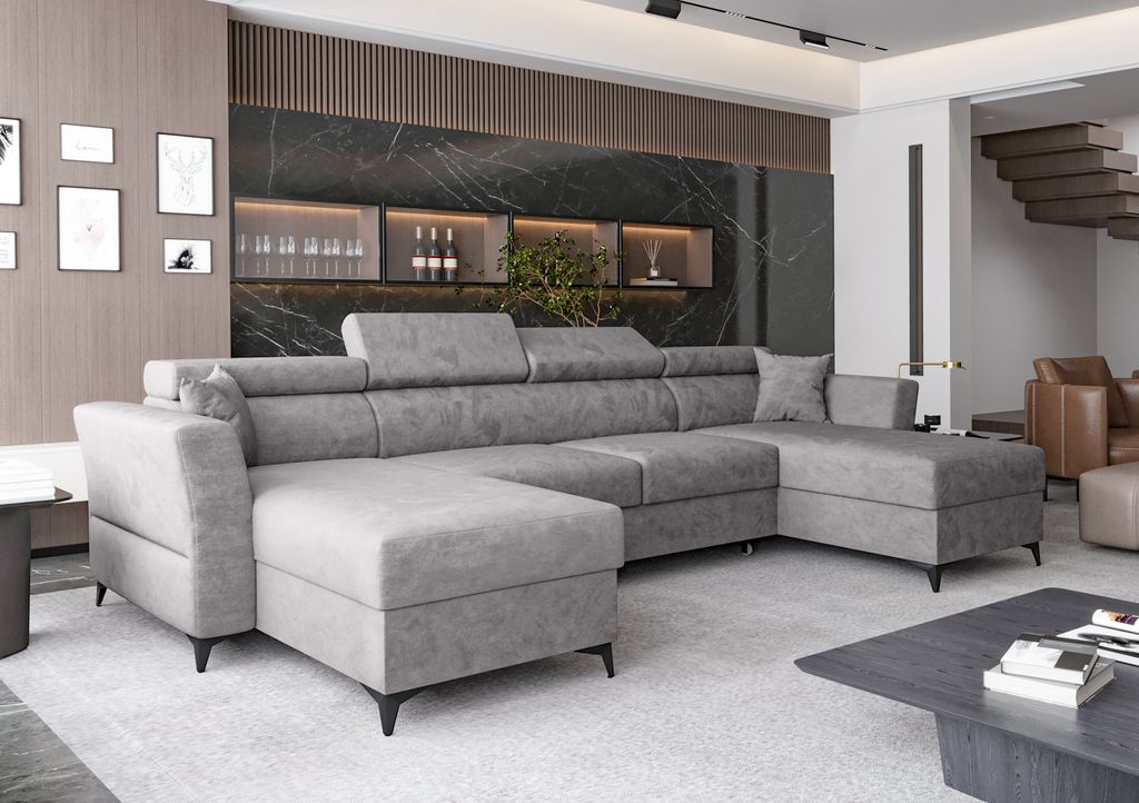 AX LIVING Ecksofa klein mit Schlaffunktion Ribella 345 cm Grau U-Form, Bettkasten