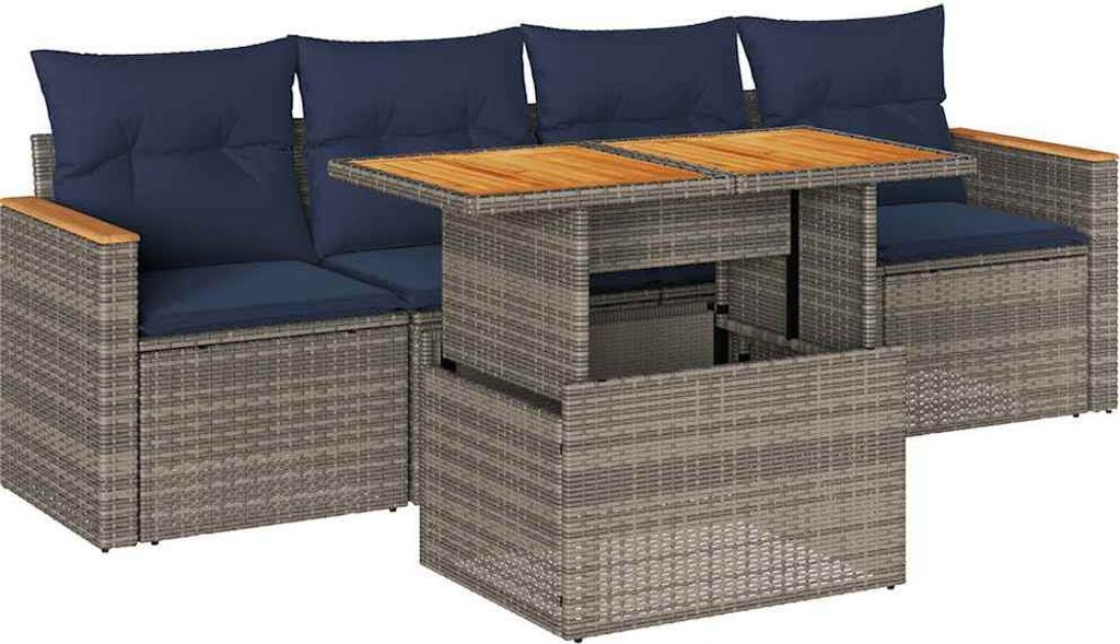 vidaXL 5-tlg. Garten-Sofagarnitur mit Kissen Grau Poly Rattan