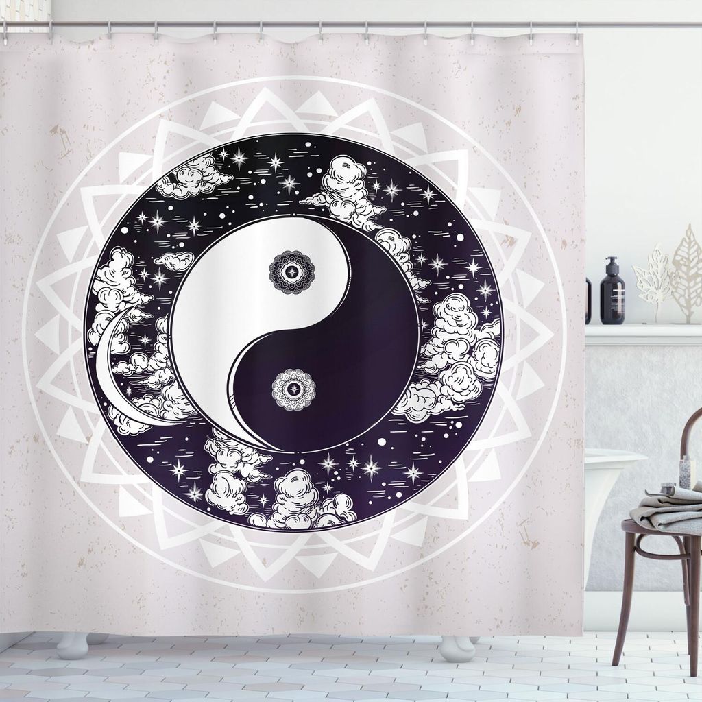 ABAKUHAUS Mystiker Duschvorhang, Yin Yang Symbol Mit Rundem Muster Stellt Das Universum Ethnischer Boho Entwurf Dar, 175 x 180 cm, Schwarz Weiß Beige