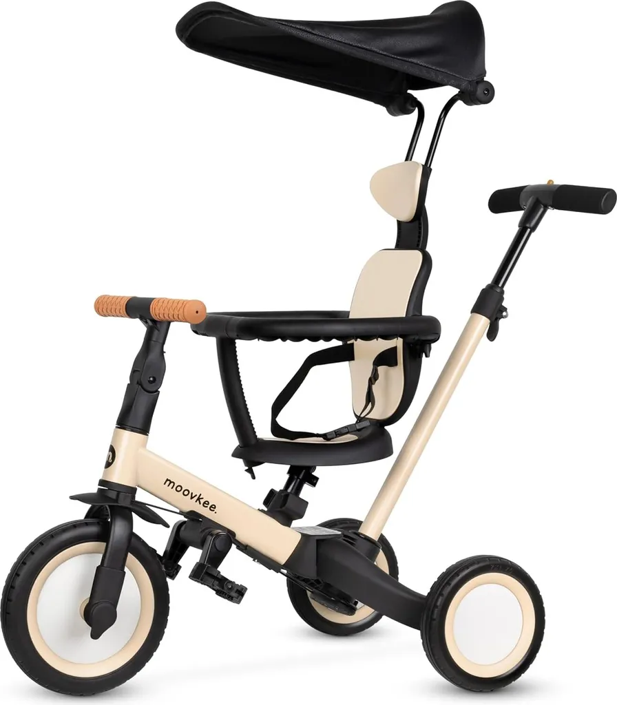 Tricycle Enfant Modulable avec Pare-Soleil et Barre de Pousseur Écrue