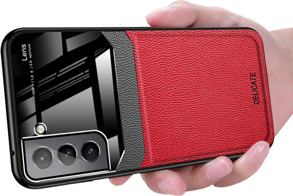 Galaxy S22 5G Case, Hybrid TPU Bumper, antiscivolo, custodia in pelle con texture Litchi e protezione in vetro per Samsung Galaxy S22 5G Red