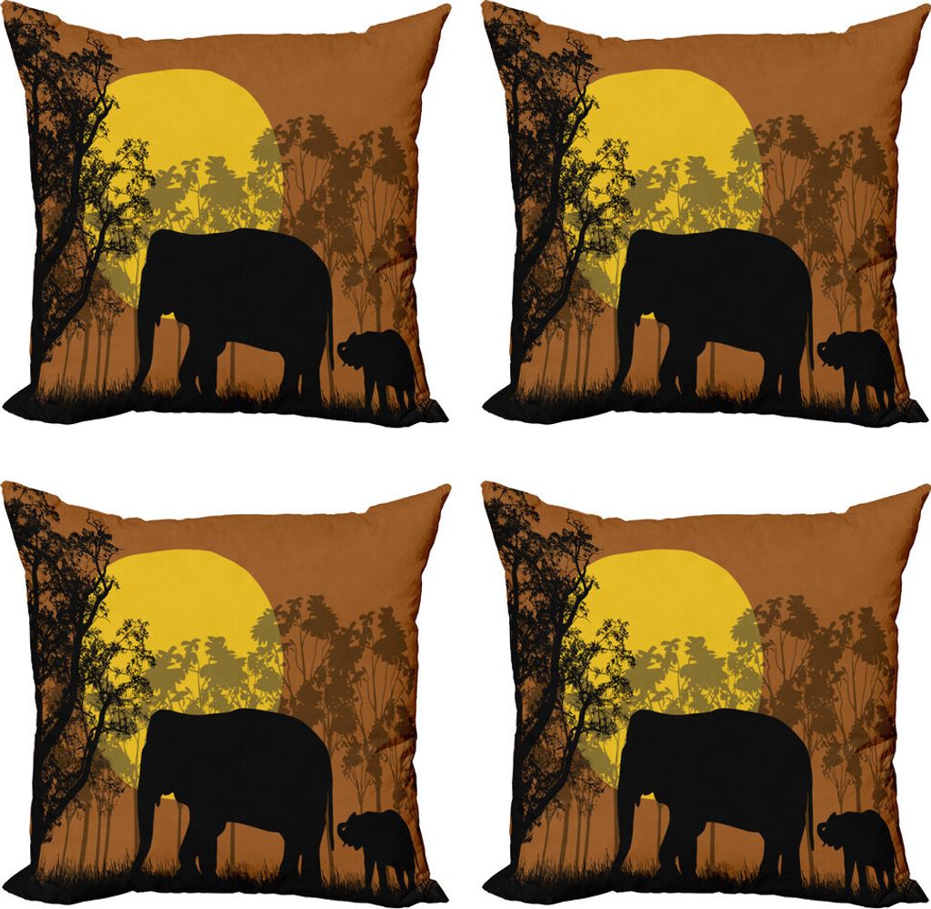 ABAKUHAUS Elefant Kissenbezug Set (4 Stück), Tiere und Bäume, Moderner Doppelseitiger Digitaldruck, 50 cm x 50 cm, Caramel Erde Gelb