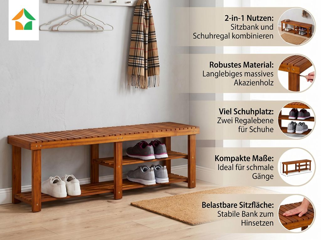 Scaffale per scarpe e panca 2 in 1 in legno di acacia Immagine del prodotto 