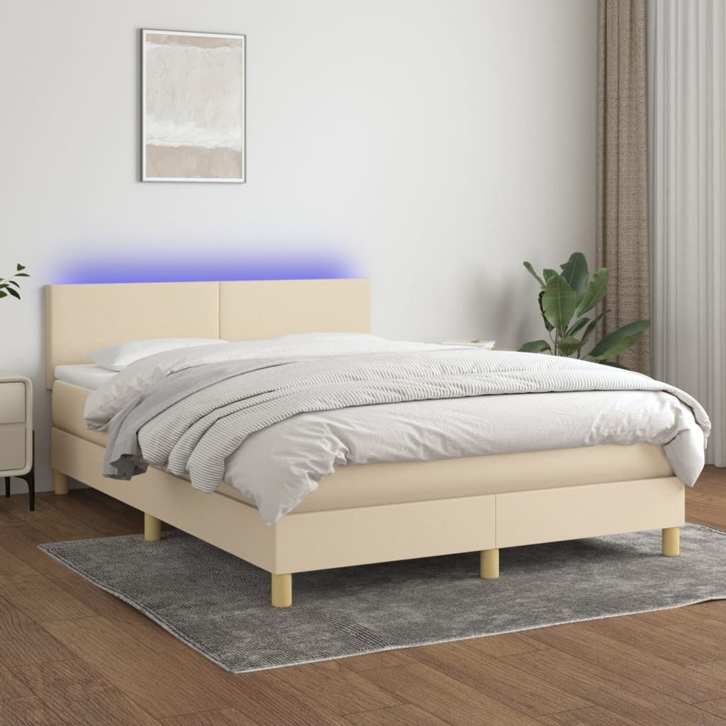 The Living Store Boxspringbett mit Matratze & LED Creme 140x200 cm Stoff