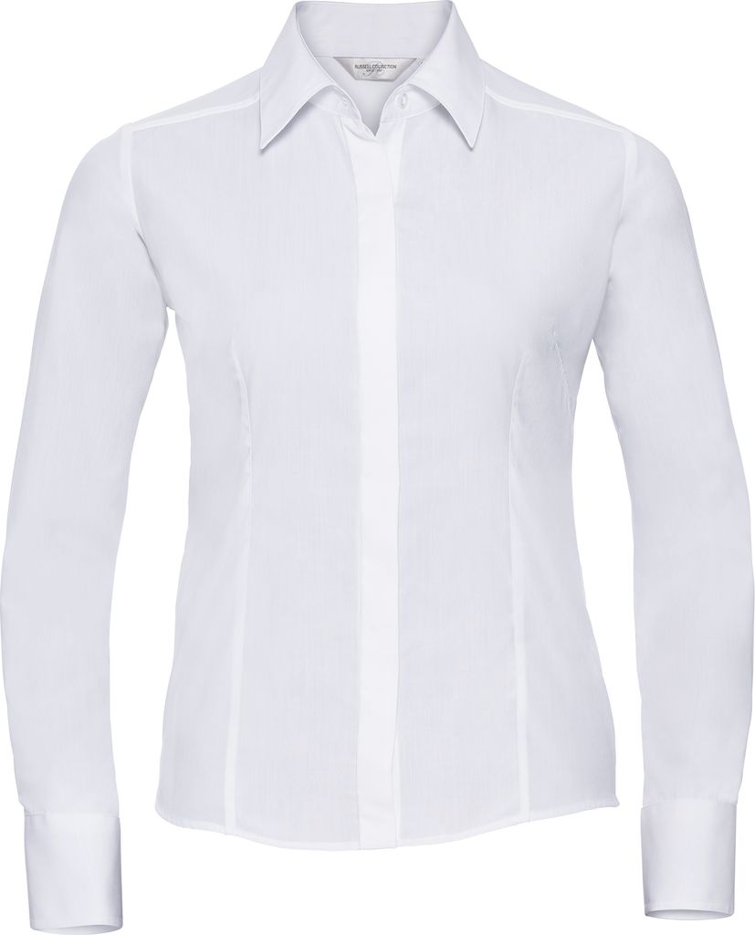 Russell Collection Popelin Bluse / Hemd, Langarm, pflegeleicht, tailliert BC1017 (XS) (Weiß)