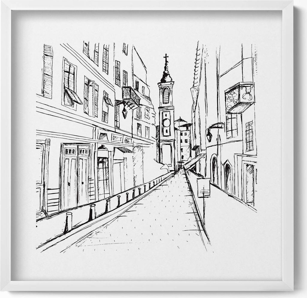 Stadtzeichnung Provence– Wandbild mit Rahmen – Gerahmtes Bild – Wanddekoration – 50x50 cm – Weiß Rahmen