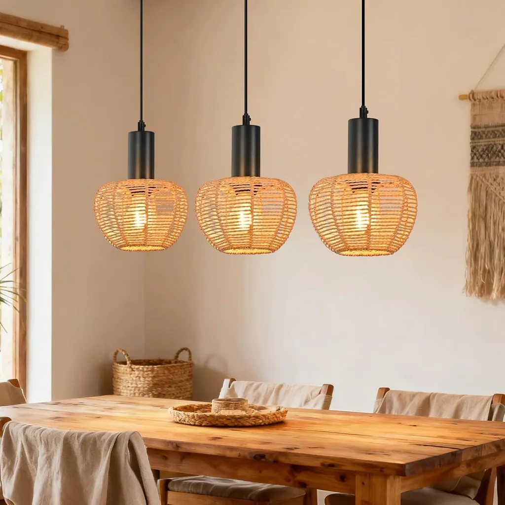 ZMH Lampada a sospensione a 3 fiamme Lampada da tavolo in rattan Lampada a sospensione intrecciata Paralume in canapa Corda E27 Lampada a sospensione per sala da pranzo camera da letto
