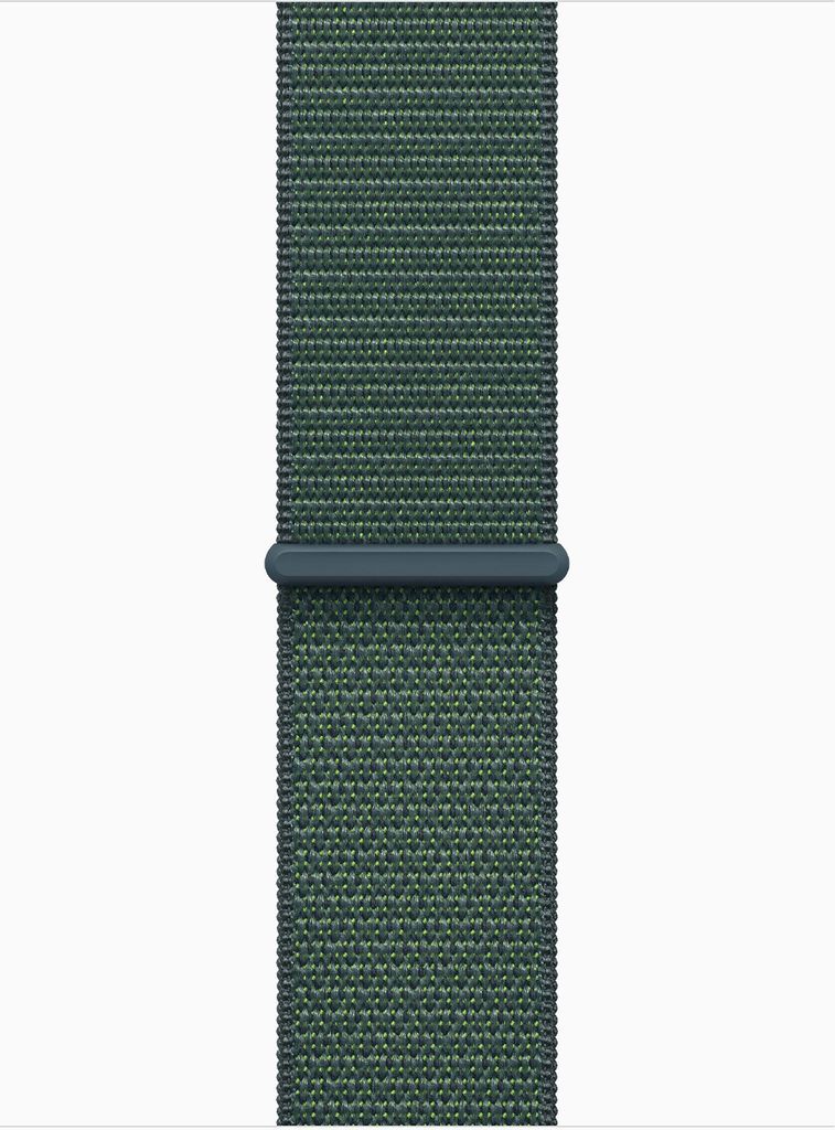 A close-up of a green fabric watch strap against a white background.