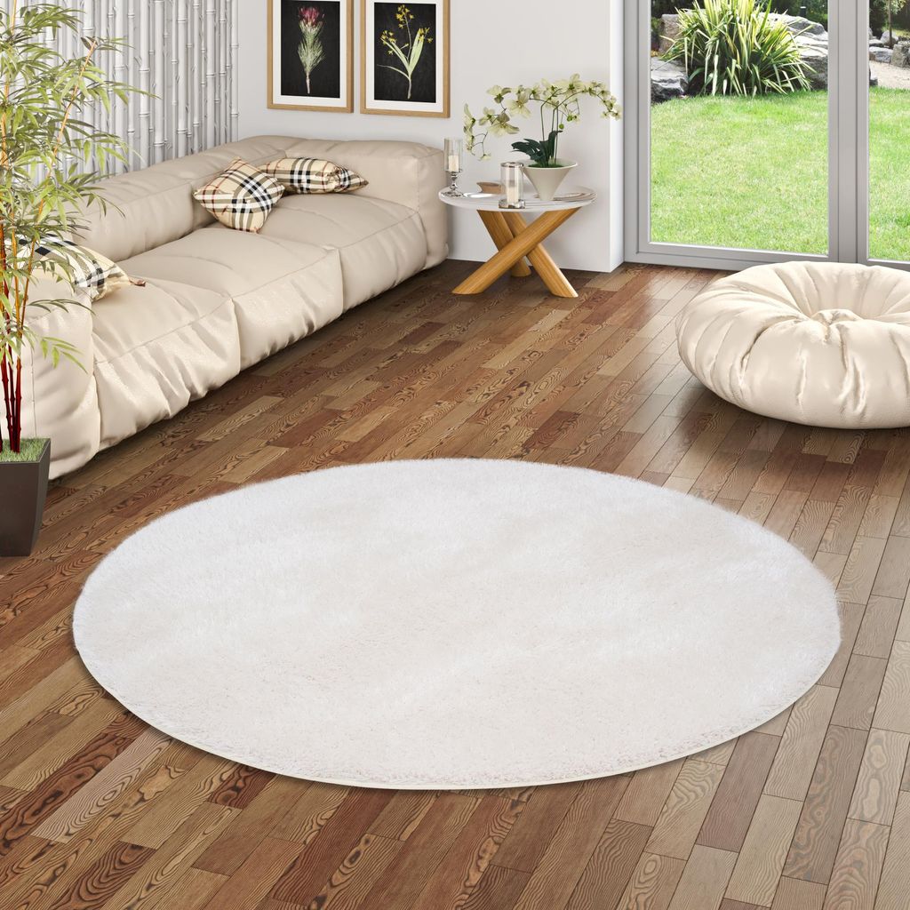 Luxus Hochflor Langflor Teppich Bilbao Weiss Rund, Größe:300 cm Rund