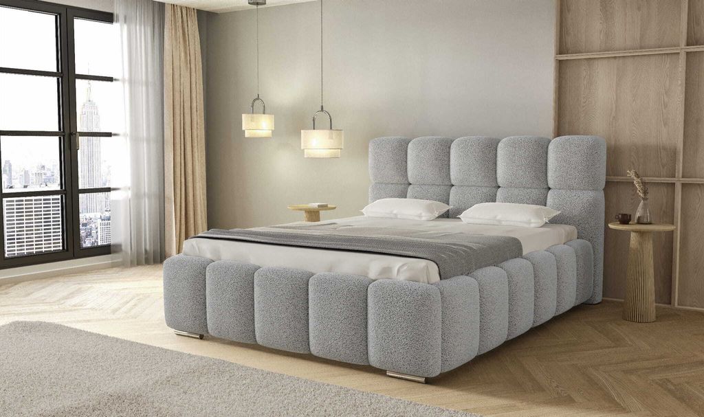 Polsterbett LUNA mit Kopfteil, 140 x 200 cm, Doppelbett mit Bettkasten und Lattenrost aus Metall, Boucle Stoff: Grau