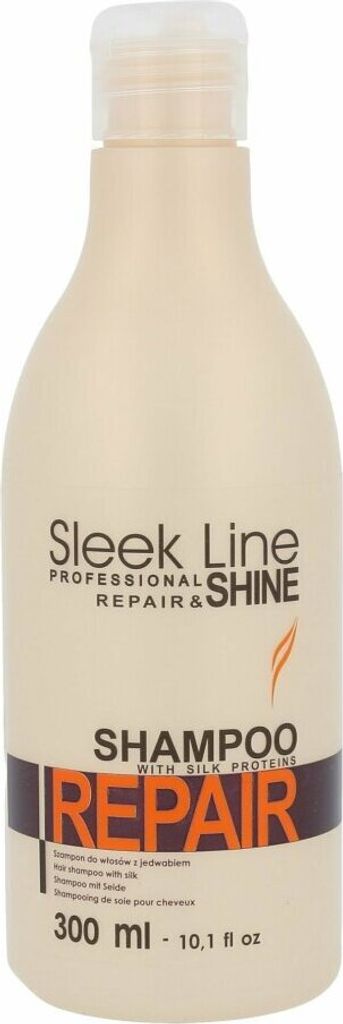 A bottle of Sleek Line Repair Shampoo.
