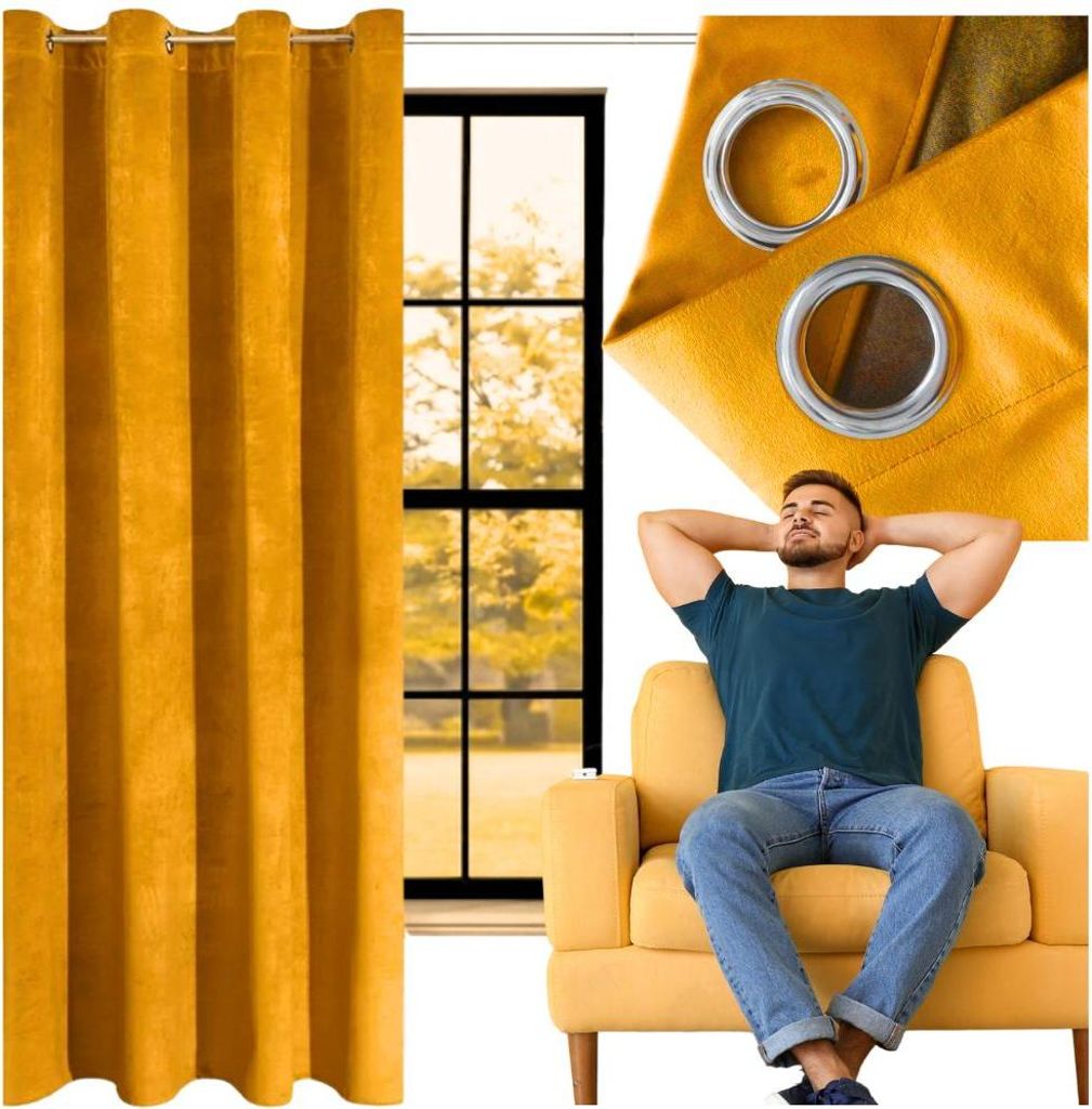 A collage showing a yellow curtain, a window with a view of trees, and a man relaxing in a yellow armchair.