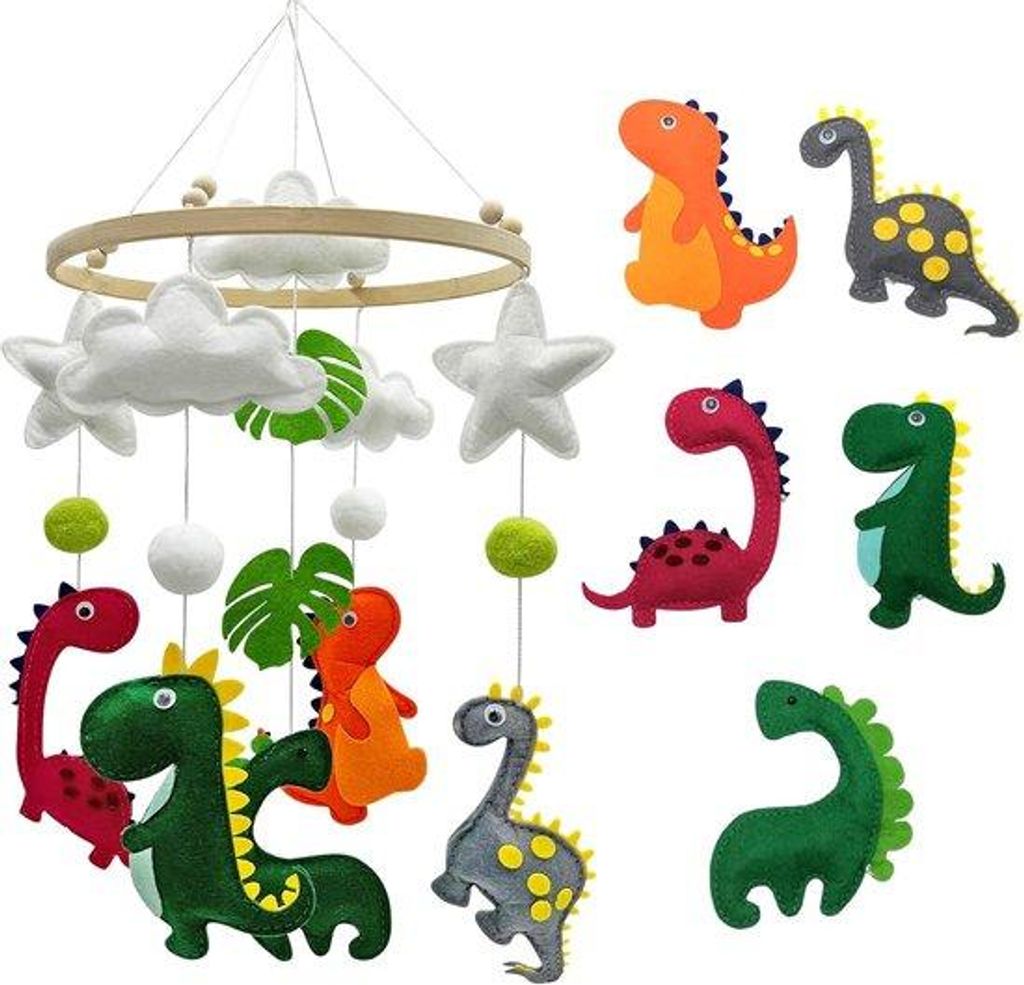 Babymobiel mit Holz und Dinosauriern - Dekoration für das Kinderbett - Holzmobiel - Windspiel für Mädchen und Jungen - Geschenk für Neugeborene