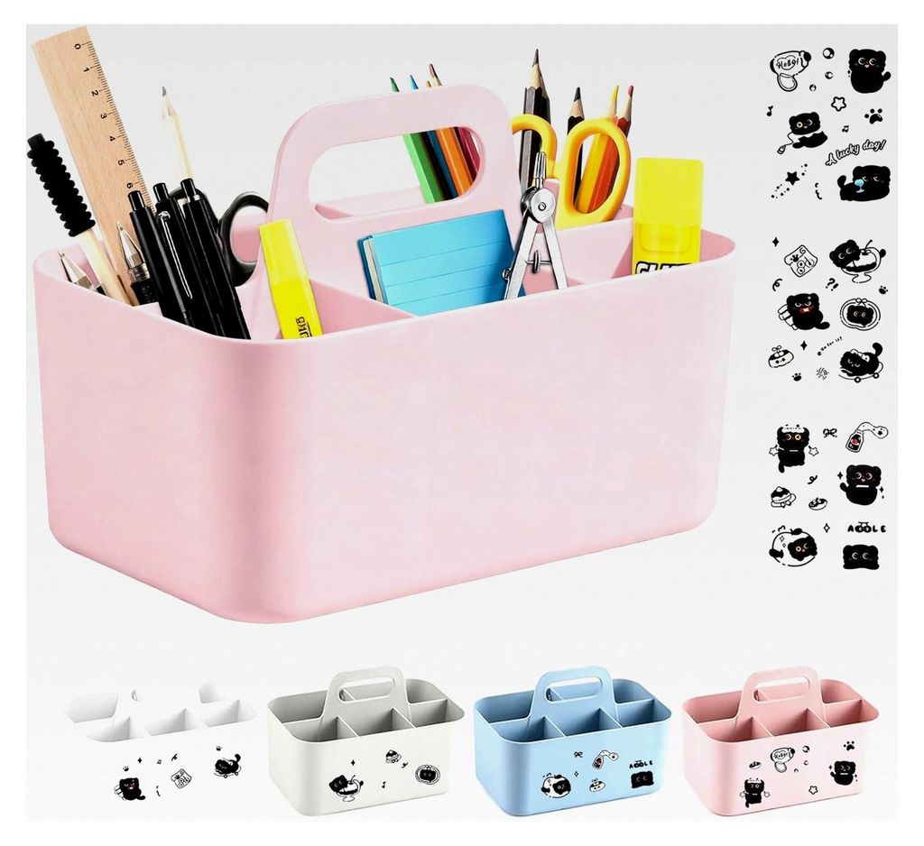Korb Organizer mit Griff, Aufbewahrung mit 3 Katzen Aufkleber, Mehrzweck Kunststoffkorb mit 5 Fächern, Abnehmbarer Reinigungskorb für Kunst, Make...