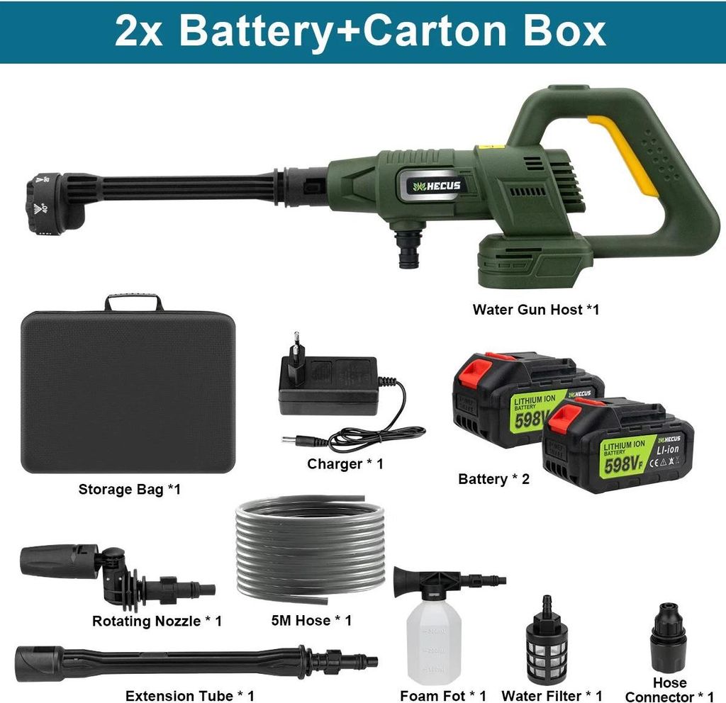 Hochdruckreiniger - Akku-Hochdruckpistole - 200 bar - 3 Stufen - Bürstenloser Motor - Digitalanzeige - 18 V System - 2 Akkus - Silber