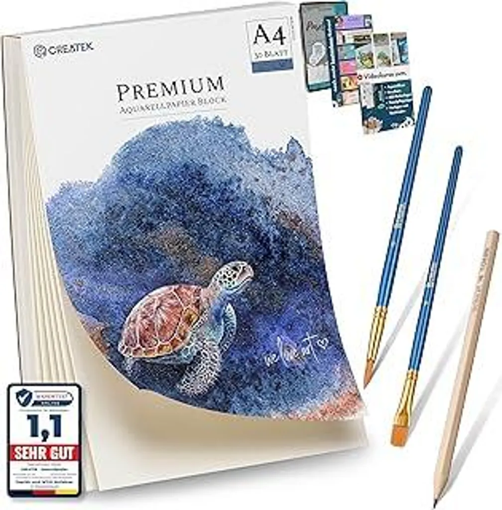 Carta per acquerello CreaTek A4 300 g Include un video corso di 2 ore 30 fogli Blocchi per acquerello + 2 pennelli + matita + 400 disegni da colorare - Colori ad acquerello Carta