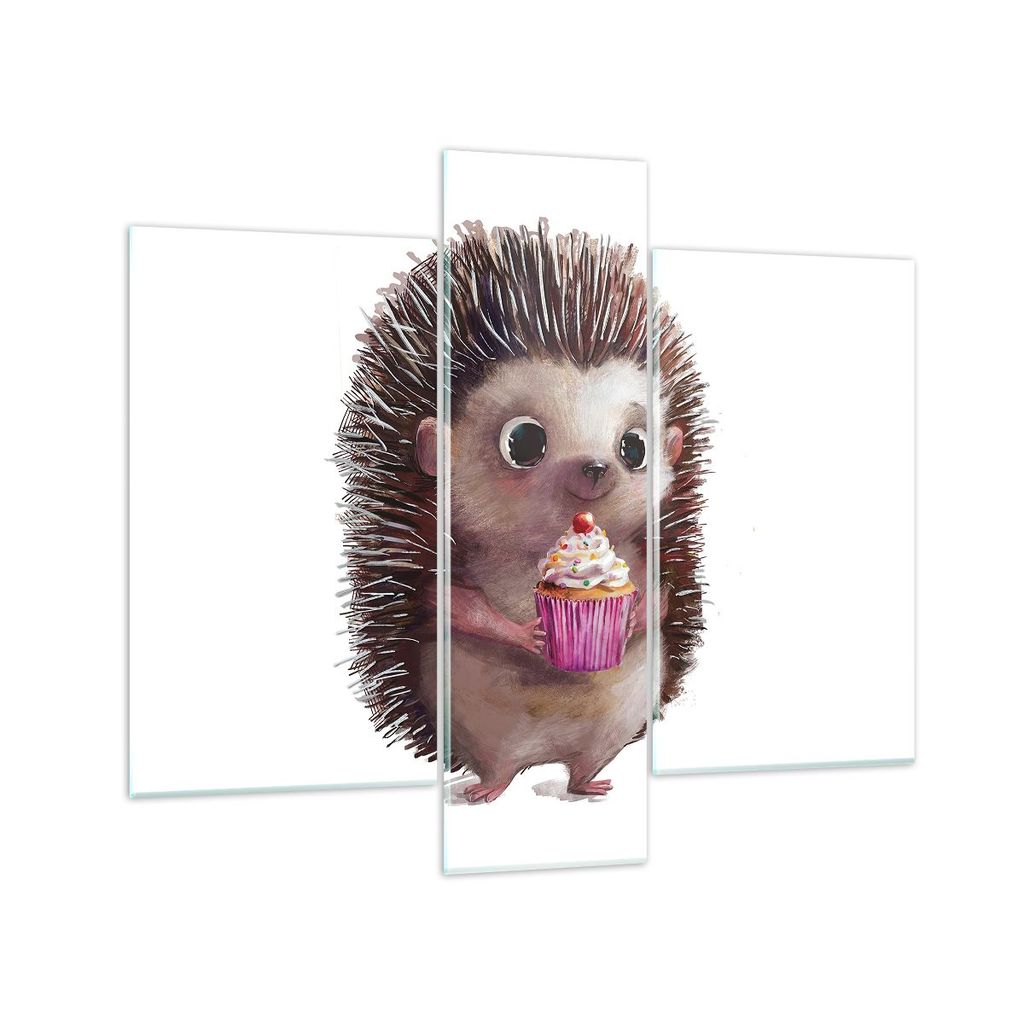 Bilder auf glas - 3 Teile - Igel Cupcake Kinder - 95x80cm - Glasbilder - Wandbilder - Bilder - zum Aufhängen bereit - Wanddekoration aus Glas - Gl...