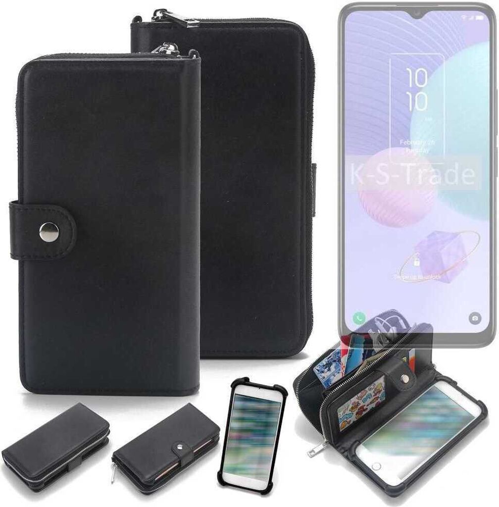 K-S-Trade 2in1 Handyhülle Schutzhülle kompatibel mit TCL 405 & Portemonnee Cover Handy Hülle Case Etui Geldbörse Wallet Bookstyle Hülle schwarz