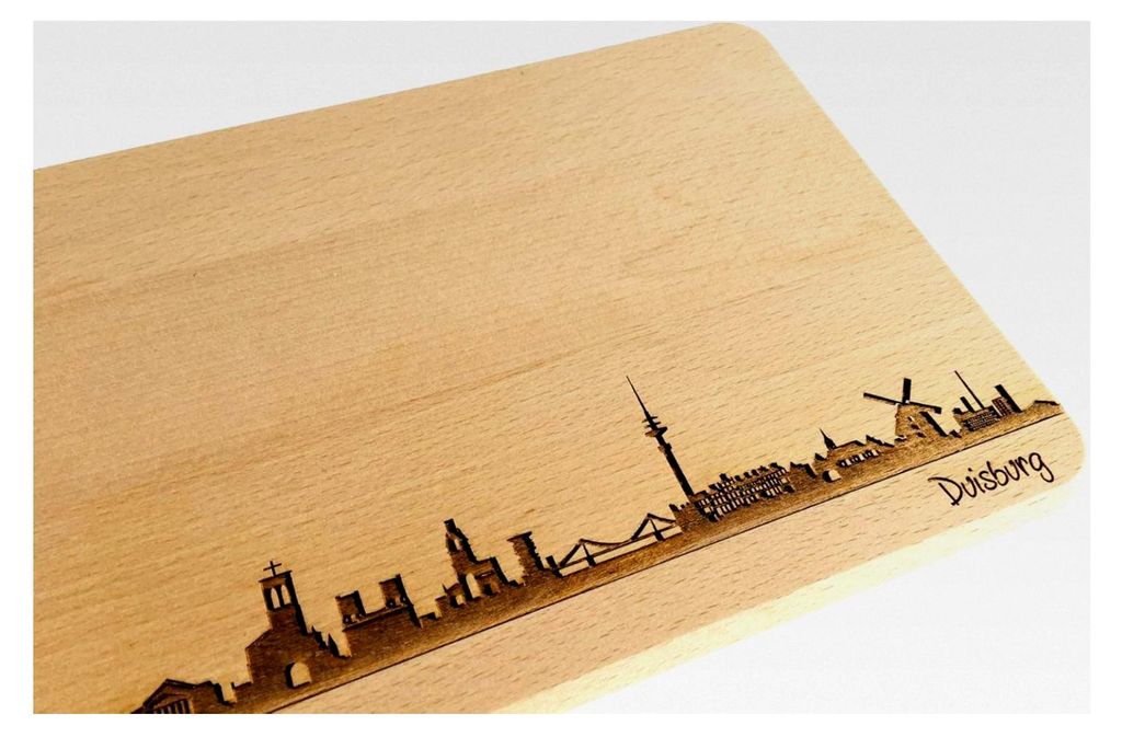 Brotzeitbrett Duisburg Skyline | Frühstücksbrettchen aus Buche | Holz Schneidbrett | Geschenk mit Gravur | Nordrhein-Westfalen (Brett L (26x16x1,...