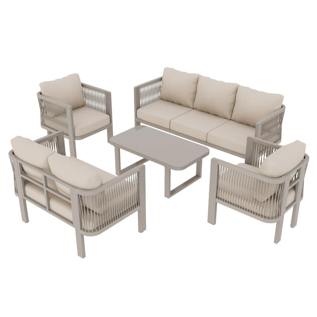 Gartenmöbel-Set,Gartenmöbelset (5-teilig), Glastischplatte,Teslin-Seilgeflecht,inklus.1 Dreisitzer-Sofa,1 Zweisitzer-Sofa,2 Einzelsofas +1 Coucht...