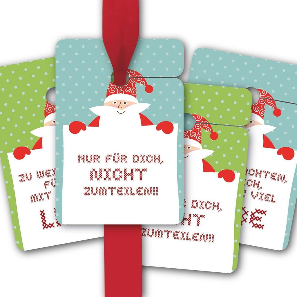 8 Geschenkanhänger mit Weihnachtsmann und “gesticktem” Text