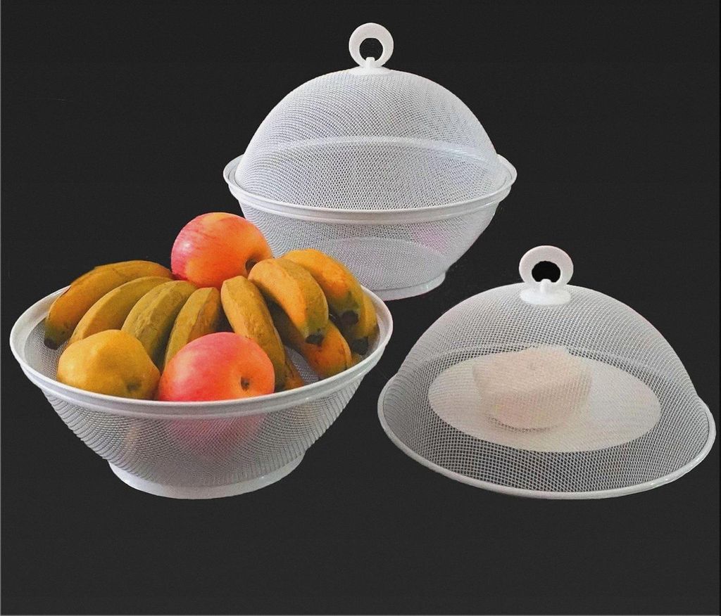 Obstkorb mit Deckel – Dekorative Obstschale aus Metalldraht, Korb mit Sieb, hält Fliegen draußen, Φ10,7 (2 Obstkörbe + 1 Deckel)