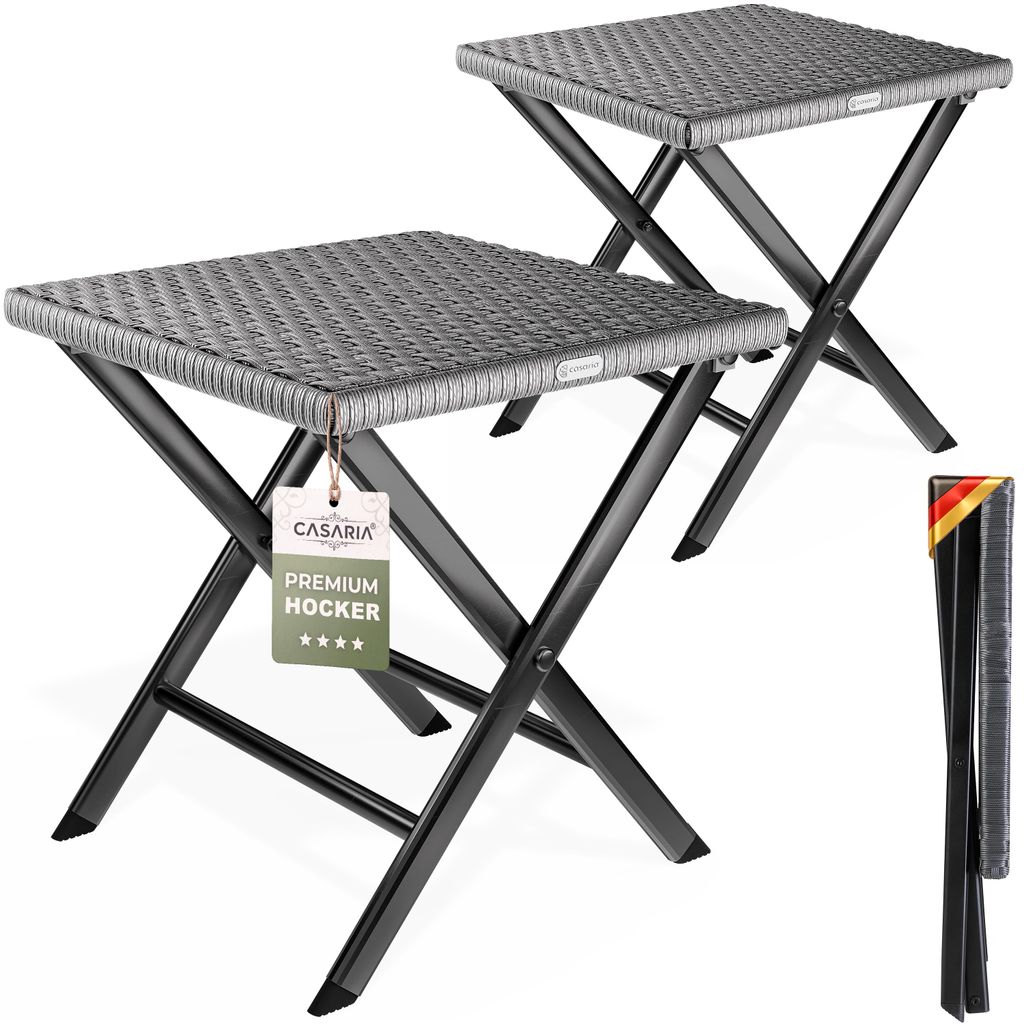 CASARIA Polyrattan 2er Set Klapphocker 75kg Belastbarkeit 44x40x44cm Klappbar Tragbar Wetterfest Garten Terrasse Balkon Camping Hocker Anthrazit