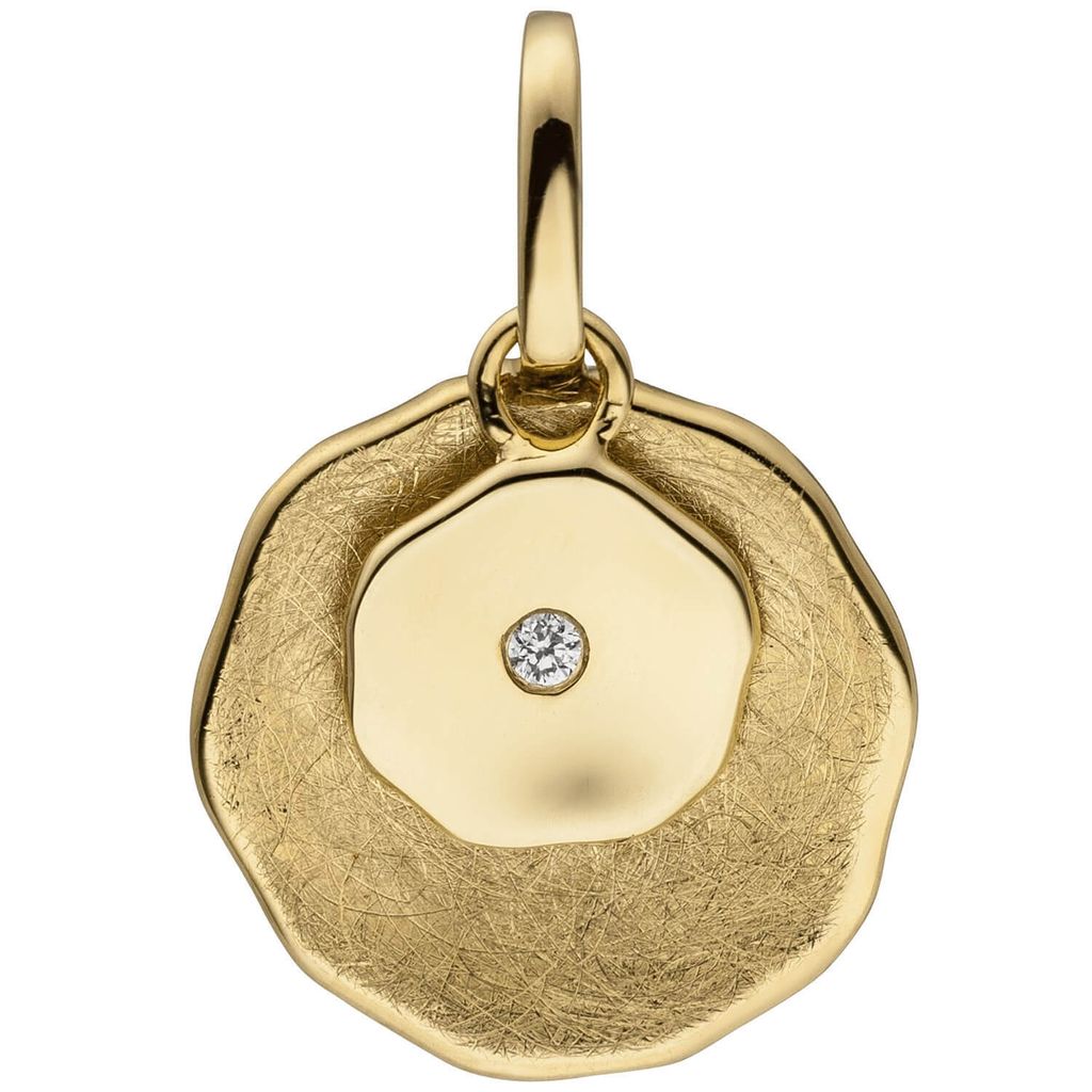 Anhänger aus 585 Gold Gelbgold teil-eismatt Diamant Brillant 0,1 Ct. 18,4x12,2mm