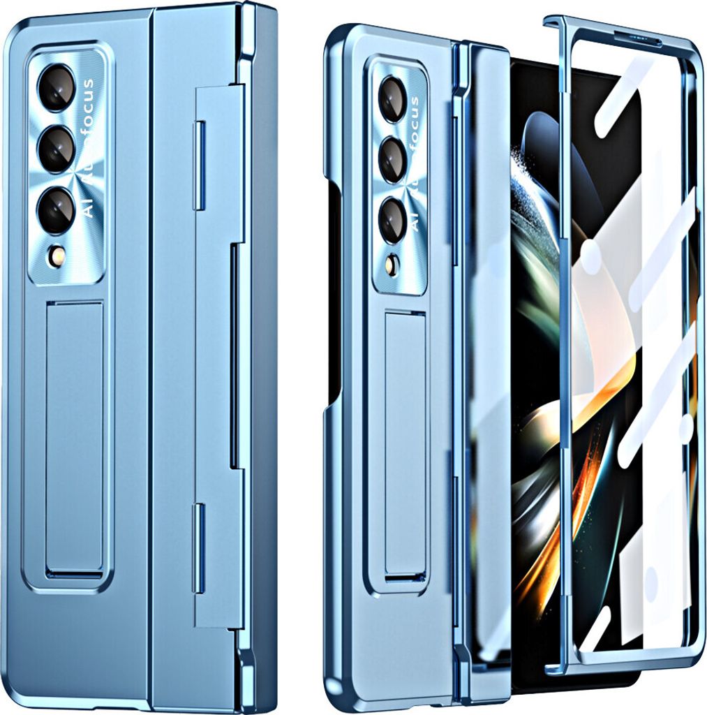 Galaxy Z Fold3 Hülle, Displayschutz & Objektivschutz Luxus Galvanisierte Ständer Schutzhülle für Samsung Galaxy Z Fold 3 5G Blau