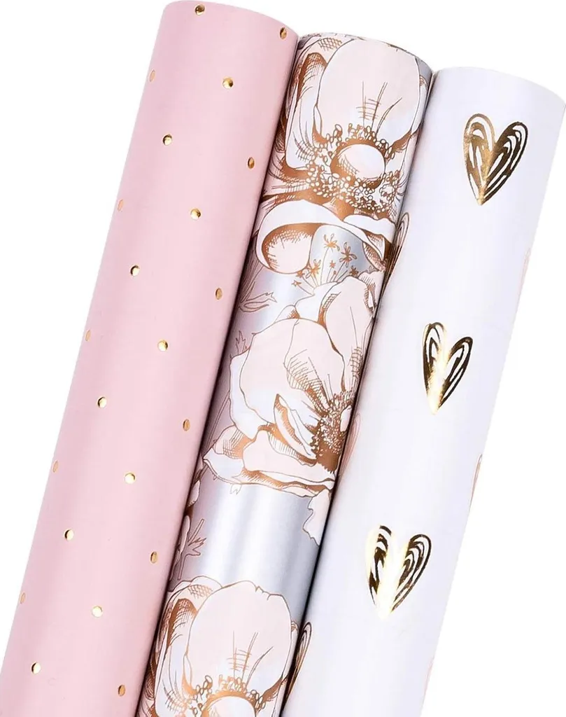 Lot de 3 Papiers Cadeaux Rose et Gris Motifs Floraux sur Mini-Rouleaux