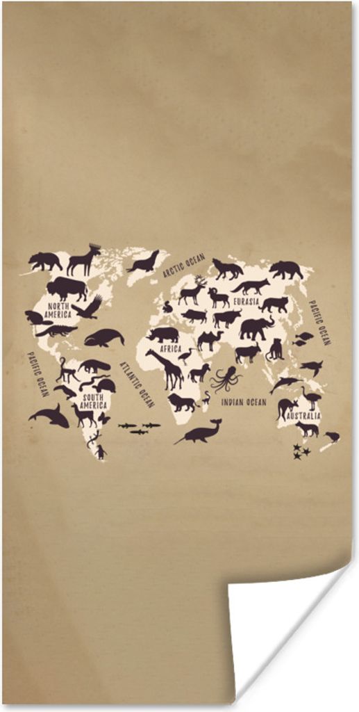MuchoWow Poster Weltkarte - Tiere - Braun 60x120 cm - Wandschmuck