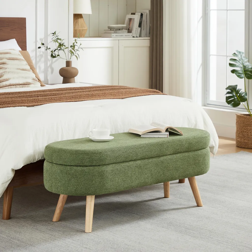 Banc Moderne en Chenille Verte avec Grand Coffre de Rangement