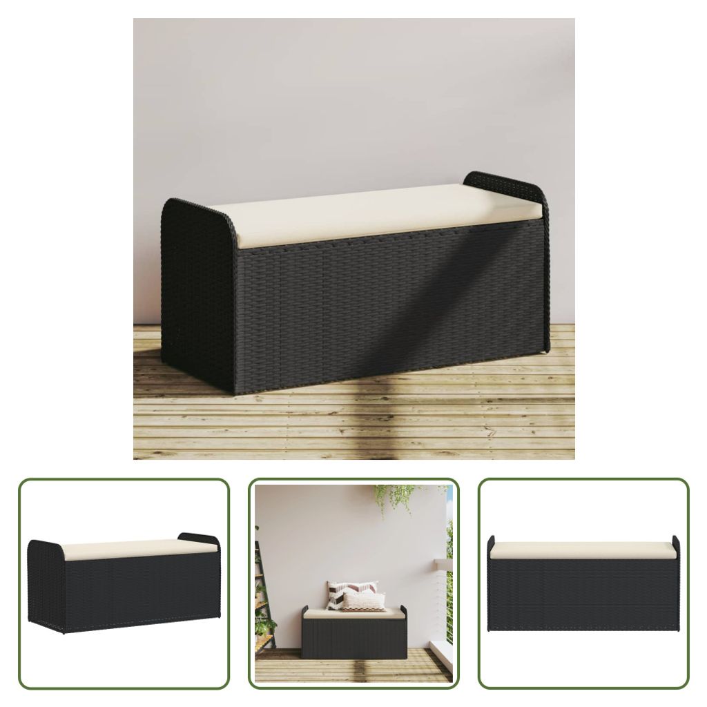 The Living Store Sitzbank mit Stauraum & Kissen Schwarz 115x51x52 cm Poly Rattan