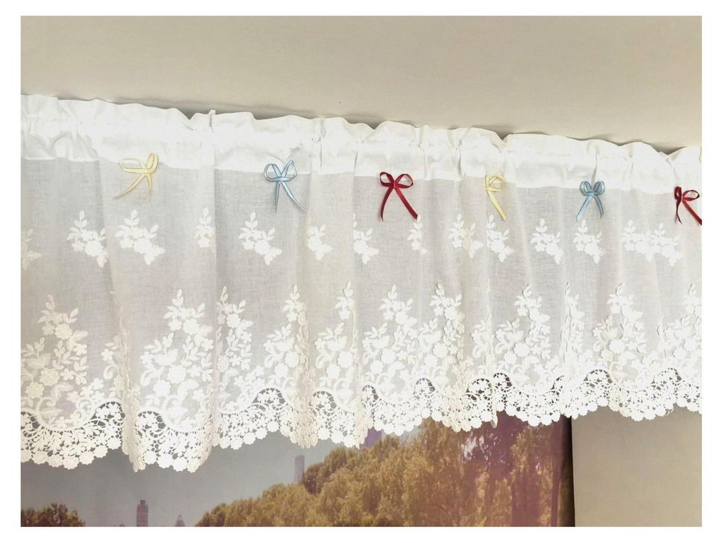 Scheibengardine aus Baumwolle mit 3D-Blumenstickerei und Schleifen im Landhausstil, Bistrogardine mit Stangendurchzug, 1 Stück, Weiß, HxB 30x140cm