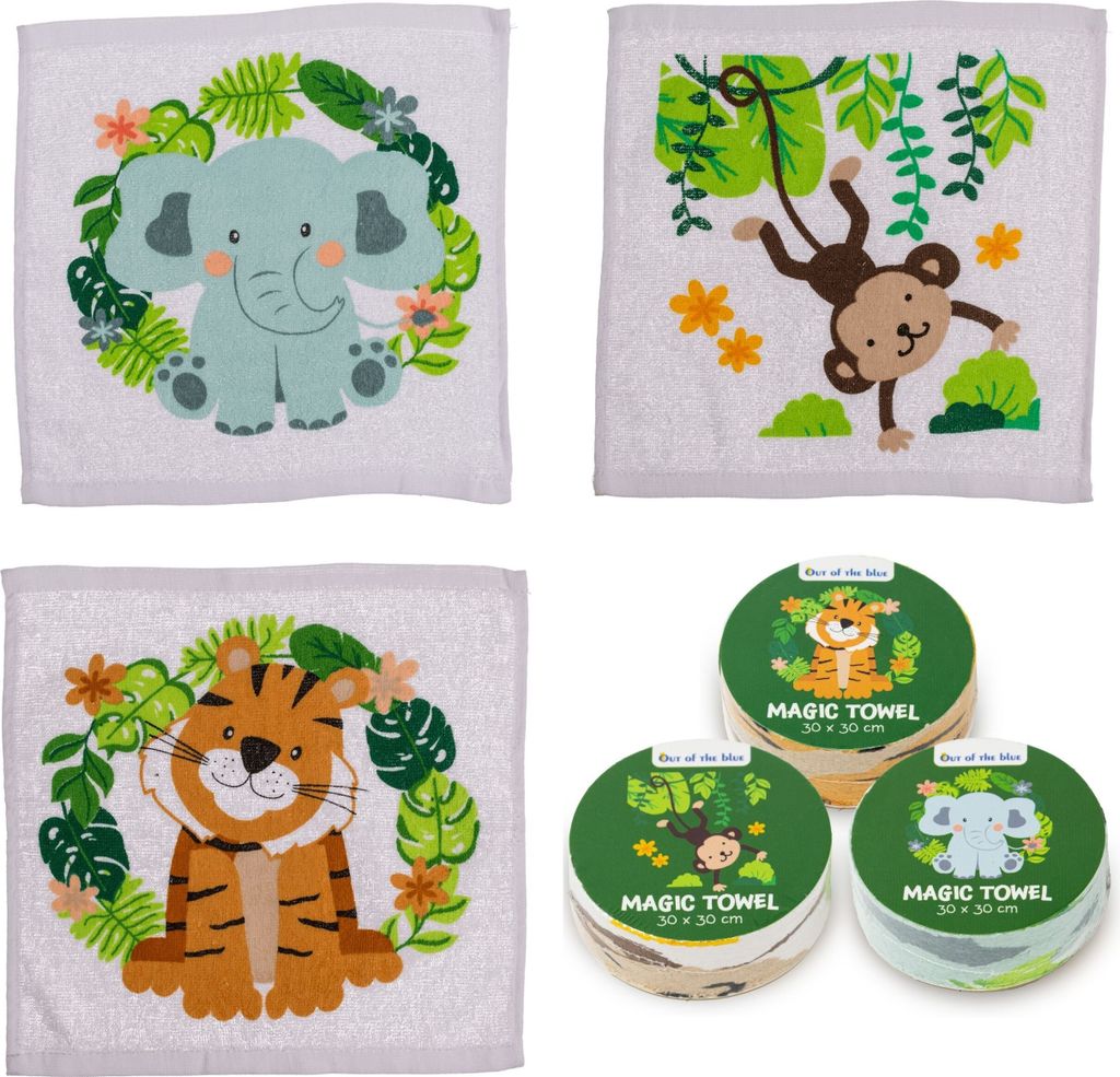 Zauberhandtuch Set für Kinder – 3-teilig, 30x30 cm, aus Baumwolle mit niedlichen Tiermotiven - Magische Handtücher als Mitgebsel für Kindergeb...