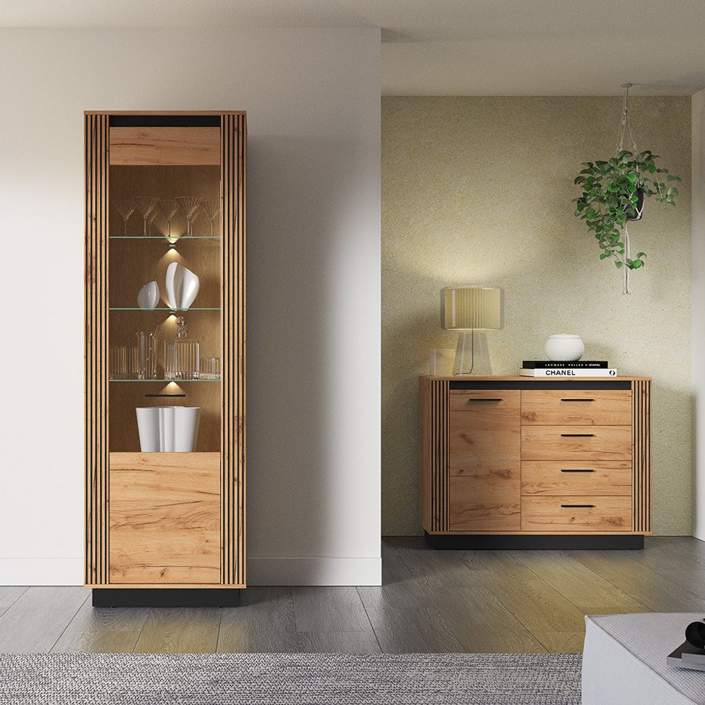 Wohnzimmermöbel Set 2-teilig inkl. Beleuchtung modern in Eiche mit schwarz URBANIA-131