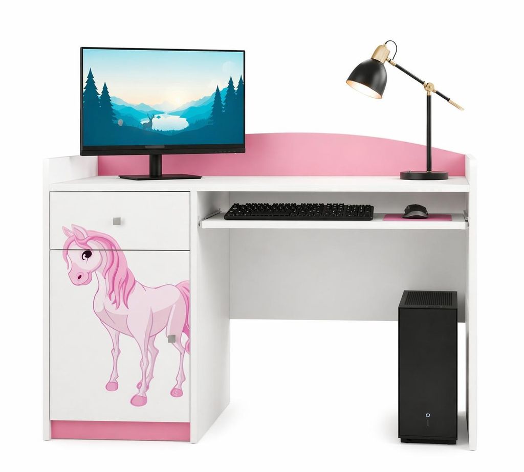 Kinderschreibtisch Rosa-Weiß | Mädchen Schreibtisch mit Tastaturablage & Stauraum | Eleganter Schülerschreibtisch für Kinderzimmer
