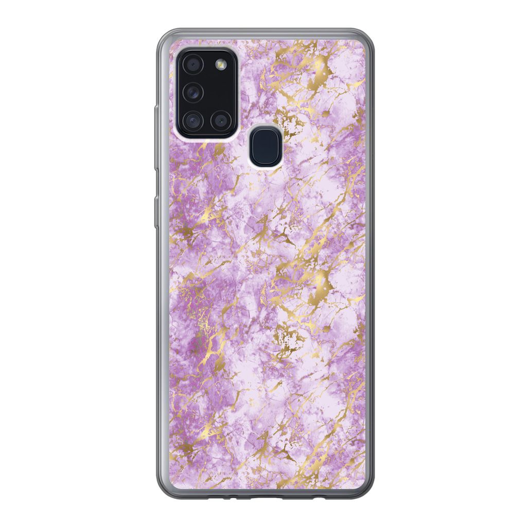 MuchoWow Handyhülle Schutzhülle Hülle für Samsung Galaxy A21s Gold - Marmor - Muster - Lila Silikon Softcase Handy Hülle - Hartschale