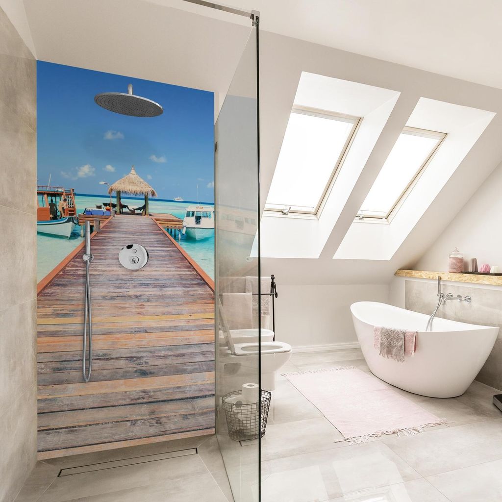 Duschrückwand Strand selbstklebend - 0.35 mm Wandpaneel wasserfest Steg blau 3D-Effekt Maritim Badrückwand fugenlos Smart matt 100x210 cm